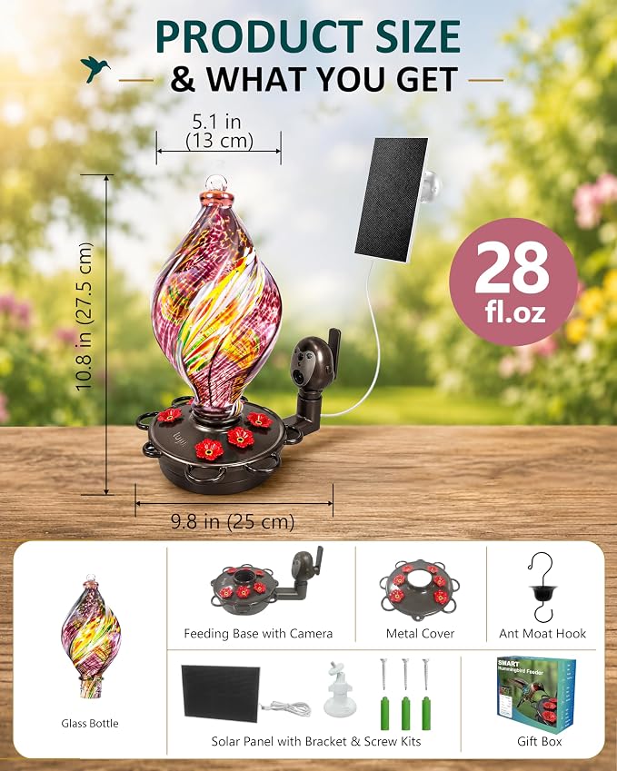 LUJII Smart Hummingbird Feeder with Camera, Hand Blown Glass for Outdoor Hanging, Solar WiFi Feeder with Live View App, 6 Feeding Ports, Leak-Resistant Design, Ant Moat & Gift Box, 28 fl oz, Purple