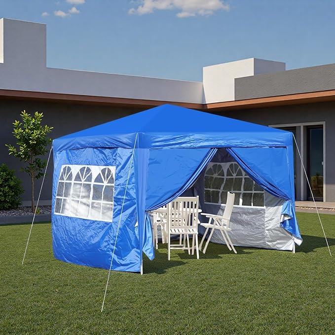 10x10FT Canopy Tent, Outdoor Gazebo Pop up Canopy with 4 Removable Sidewalls & 2 Windows, Patio Camping Shade Canopy with 4 PCS Weight Sand Bag & Carry Bag, Ideal for Parties Events, Blue