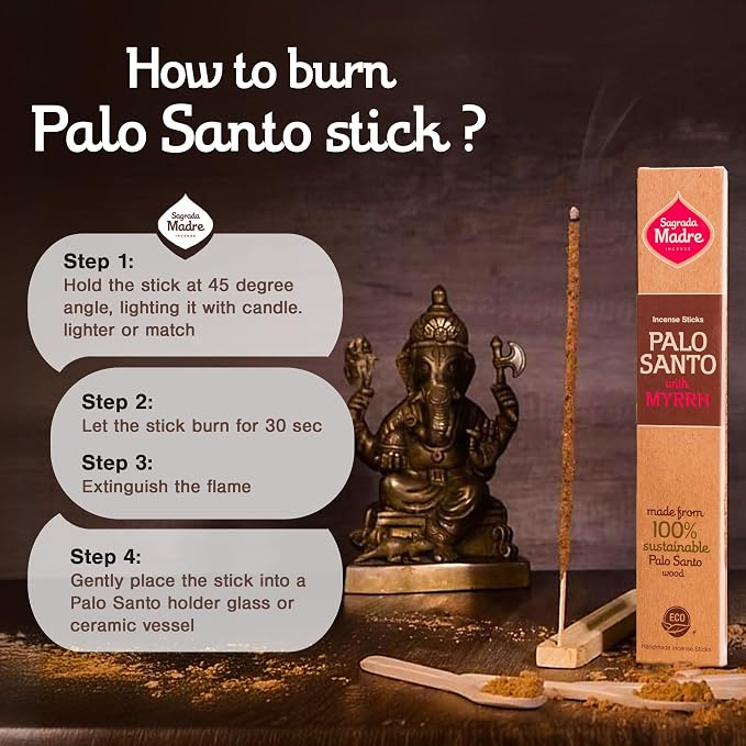Sagrada Madre 8pcs Wildly Harvested Thick Palo Santo Incense Sticks (Myrrh), 9” Long - Eco Friendly, Non-Toxic, Aromatic Incense Sticks (1hr Burning Time) to Heal & Calm Your Body and Environment