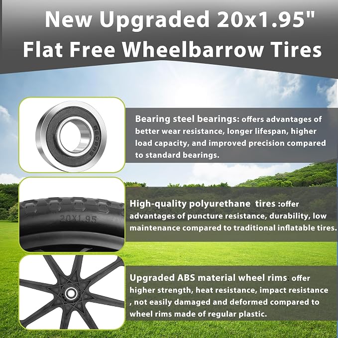 Upgraded 20" Flat Free Wheels Compatible with rubbermaid Wheelbarrow Tires, 20" Flat Free Tires with 5/8" and 3/4" Bearings Replacement for rubbermaid Cart Wheels/Big Wheel Utility Carts