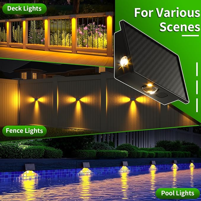 JSOT Solar Fence Lights Outdoor - 8 Pack Solar Lights Outdoor Waterproof Ideal for Deck Rail Stair Step Decoration 3 Large LEDs 5 Lighting Modes Outside Lights-Warm Light