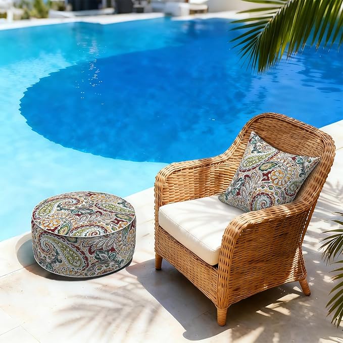 LVTXIII Inflatable Stool Ottoman Footrest with Handle, Decorative Fade-Resistant Foot Stool, Indoor or Outdoor Pouf for Home Garden and Camping Use, D21 x W 21 x H9, Paisley Chilli