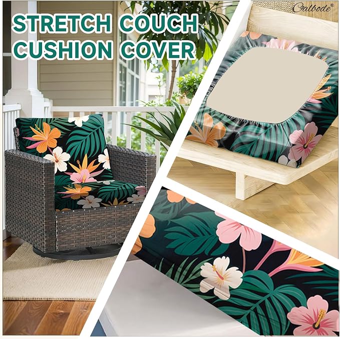 CALBODE 14 Pcs Stretch Outdoor Seat Cushion Covers, Washable Chair Seat Covers for Patio Furniture Cushions Soft Indoor and Outdoor Couch Cover Replacement (Dark Green Botanical, Cover Only)