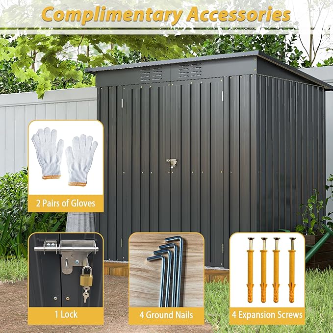 6x4 FT Galvanized Steel Garden Sheds with Ventilation and Sloped Roof, Metal Storage Locker Includes A Lock,Key & Hinged Doors,2 Pairs of Gloves,for Tool,Equipment,Black