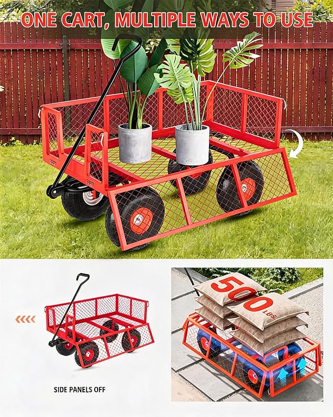 Garvee Steel Garden Cart, 500 LBS Capacity Utility Outdoor Wagon, Heavy Duty Mesh Garden Metal Wagon with Removable Sides, Flexible Handle for Yard, Lawn, Garden