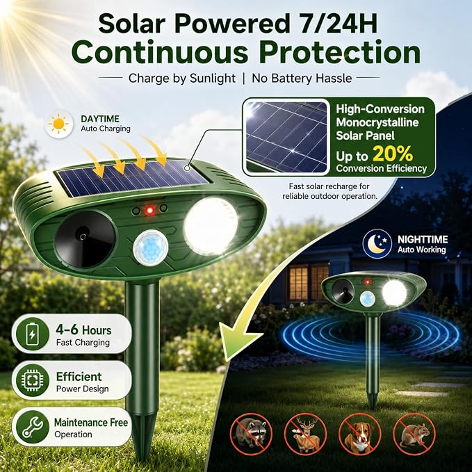 4 Pack Upgraded Sonic Deer Repellent Devices,Solar Ultrasonic Animal Repeller Outdoor for Racoons,Squirrels,Cats,Rabbits,Skunks & Foxes,Waterproof Motion Sensor Animal Deterrent for Garden Yard