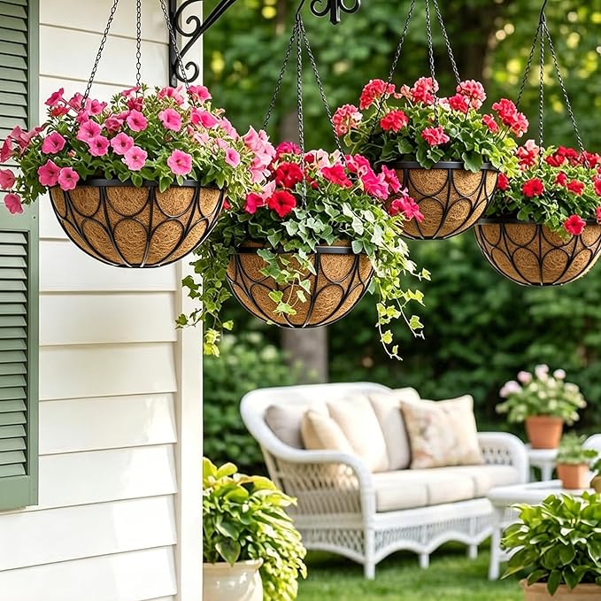4 Pack 12 Inch Hanging Planters for Outdoor Plants，Large Wire Flower Hanging Basket with Coco Liners for Balconies, Patios, Porch, Terraces Decor