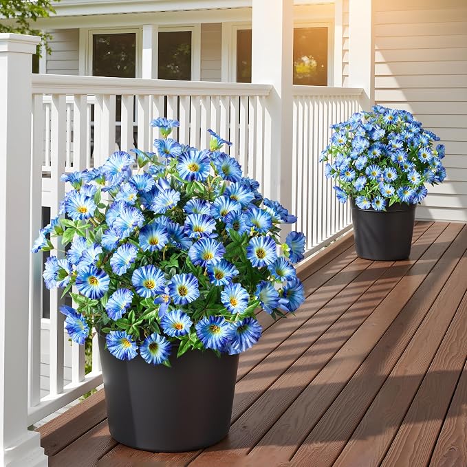 Blue Artificial Morning Glory Flowers for Outdoor Planters, Premium UV Resistant Silk Faux Flowers for Porch, Hanging Basket & Window Box, Lifelike Floral Arrangement, No Pot 13.3“ 8 Bundles
