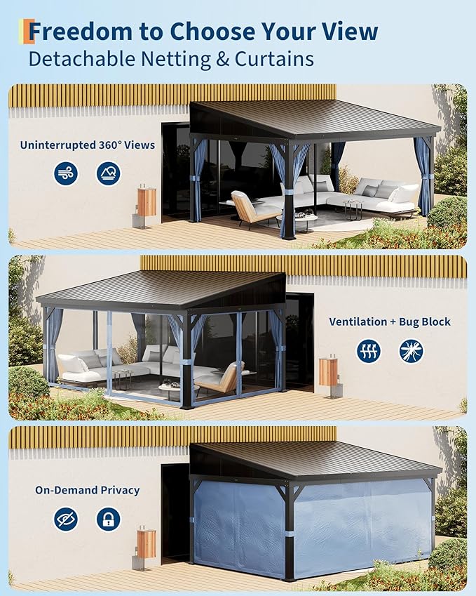 10'x14' Wall-Mounted Lean-to Gazebo with Galvanized Steel Roof, Gutters & Sliding Netting/Curtains – Hardtop Metal Pergola Canopy for Patio, Backyard, Garden, or Carport – Weather-Resistant & Durable