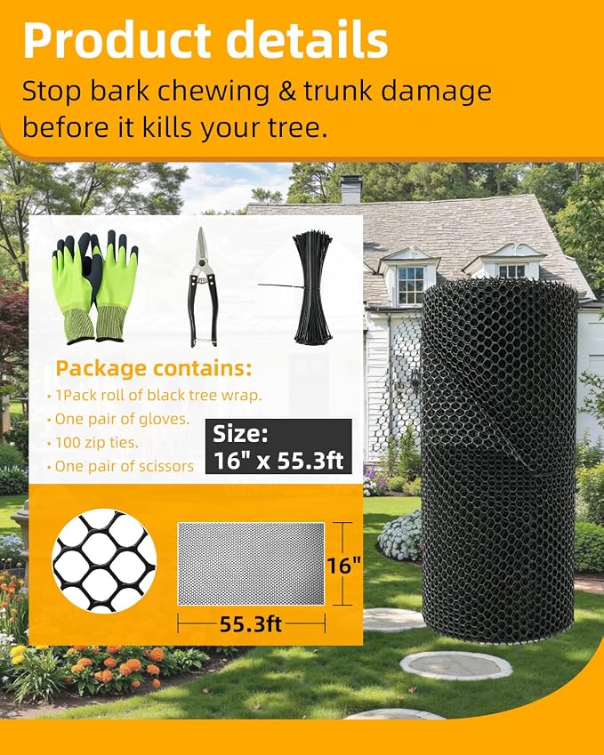 16" x 55.3ft Plastic Chicken Wire Tree Protectors Black HDPE Mesh Fencing, Flexible Animal Barrier for Dogs, Cats & Rabbits, Balcony Netting for Pets, Cuttable Garden Fence & Tree Trunk Protector