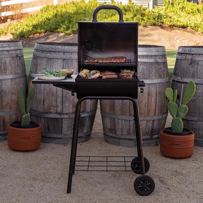 Nexgrill 17.5" Charcoal Grill with Side Shelf, 349 SQ In Cooking Space, Adjustable Chimney, Air Dampers, Temperature Gauge, Warming Rack, Barrel Smoker Grill for Camping, Picnics, and More - 810-0063