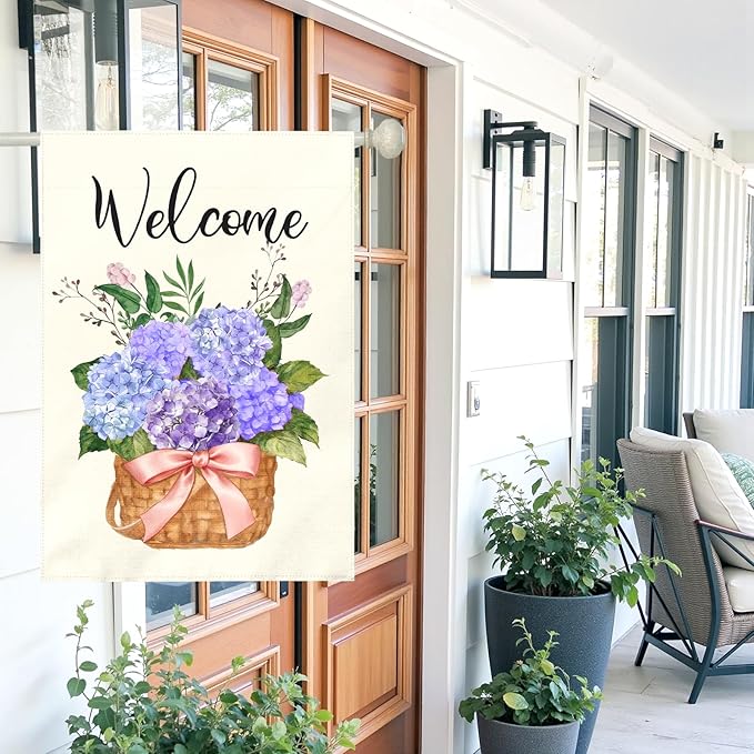 Hydrangea Welcome Garden Flag Large 28x40 Inch Spring Summer Watercolor Floral Outdoor House Banners Blue Purple Hydrangeas Basket Flowers Porch Yard Flags for Outside Seasonal Home Decor