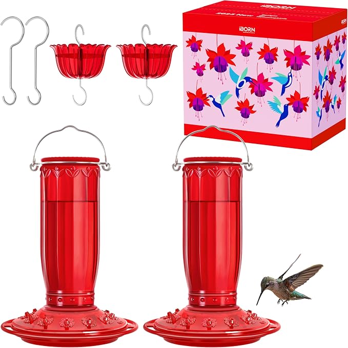iBorn Hummingbird Feeders for Outdoors Hanging with Ant Moat for Hummingbird Feeder Glass 12 Ports for 16oz Hummingbird Nectar, Red Glass, Pack of 2