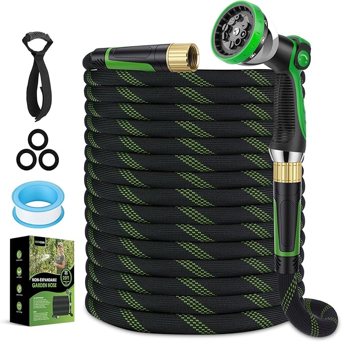 Non-Expanding Garden Hose 25 ft, Lightweight Hose & Flexible Water Hose With 10-Pattern Spray Nozzle, Kink-Free Design, Durable Leakproof Yard Outdoor Hose, Portable Storage Strap, 25 Feet