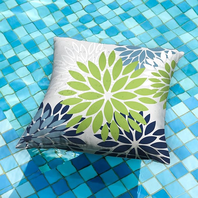 DFXSZ Green Blue Flower Pillow Covers 16x16 Inch Set of 2 White Gray Colored Throw Pillows Outdoor Waterproof Decor for Living Room Sofa Patio Funiture Garden Floral Polyester Pillow Covers 002K16