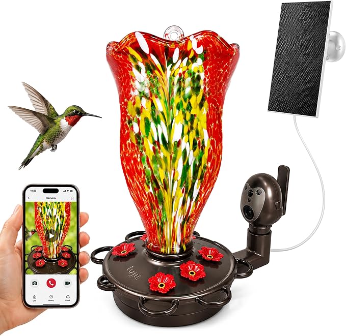 LUJII Smart Hummingbird Feeder with Camera, Hand Blown Glass for Outdoor Hanging, Solar WiFi Feeder with Live View App, 6 Feeding Ports, Leak-Resistant Design, Ant Moat & Gift Box, 32 fl oz, Red