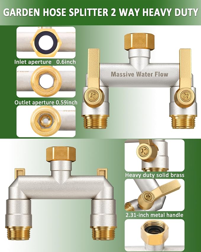 Hose Splitter 2 Way Heavy Duty, Full Flow Solid Brass Nickel Plated Garden Hose Splitter, Spigot Splitter Valve with Metal Handle, Outdoor Faucet Splitter, 3/4 - Inch Frost Resistant Hose Adapter