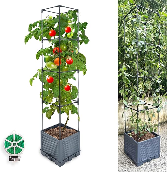 Raised Garden Bed Planter Box, 1 Pack 56" Self-Watering Tomato Planter with Trellis for Climbing Vegetables Plants Grape Fruit Flowers,Use for Indoor Outdoor Garden Patio