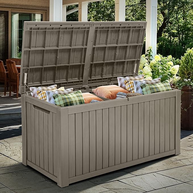 YITAHOME 220 Gallon Large Outdoor Storage XL Deck Box w/Divider for Patio Furniture,Outdoor Cushions, Garden Tools, Sports Equipment and Pool Supplies, Waterproof, Resin, Lockable, Taupe