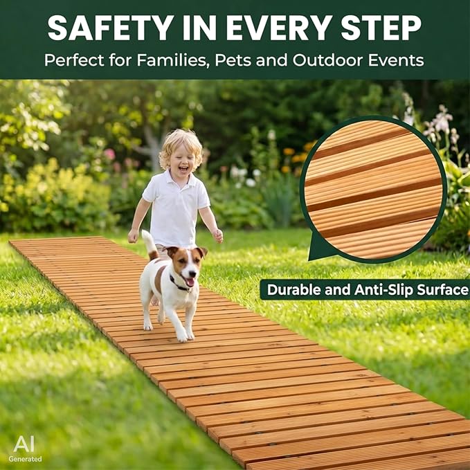 Plow & Hearth 6' Straight Outdoor Wooden Pathway | 17" Wide Rollout Outdoor Garden Walkway | Weather-Resistant Hardwood Cedar Board Walkway Landscape Edging | Decorative Lawn Patio Wedding Party