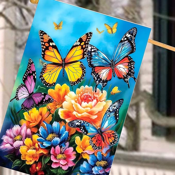 Spring Summer House Flags 28x40 Double Sided Large Butterfly Garden Flag Flower Yard Flags for Outside Butterflies Outdoor Decorative Floral Welcome Flags