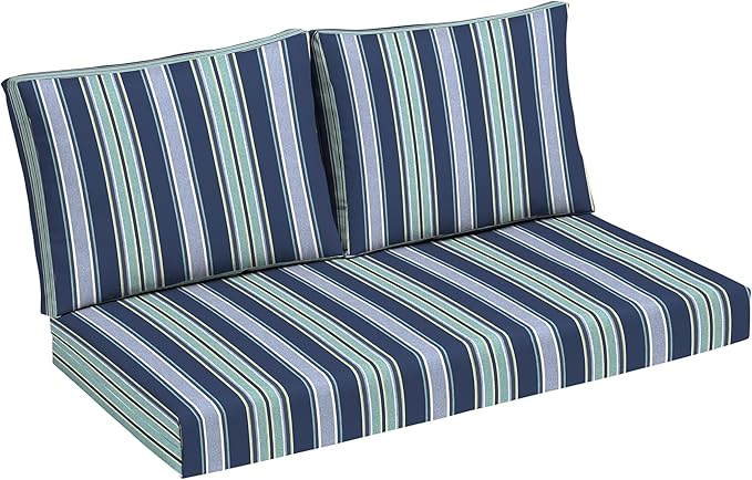 Arden Outdoor Loveseat Cushion Set, 48 x 24, Rain-Proof, Fade Resistant, Cushion Set for Couch, Bench, and Swing Sapphire Aurora Blue Stripe