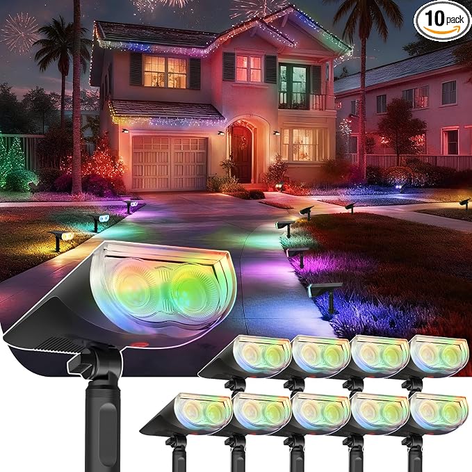 Linkind Solar Lights Outdoor StarRayS, Color Changing Solar Spot Lights, IP65 Waterproof Easter Lights for Landscape Garden Pathway Walkway (Multicolor, 10 Pack)