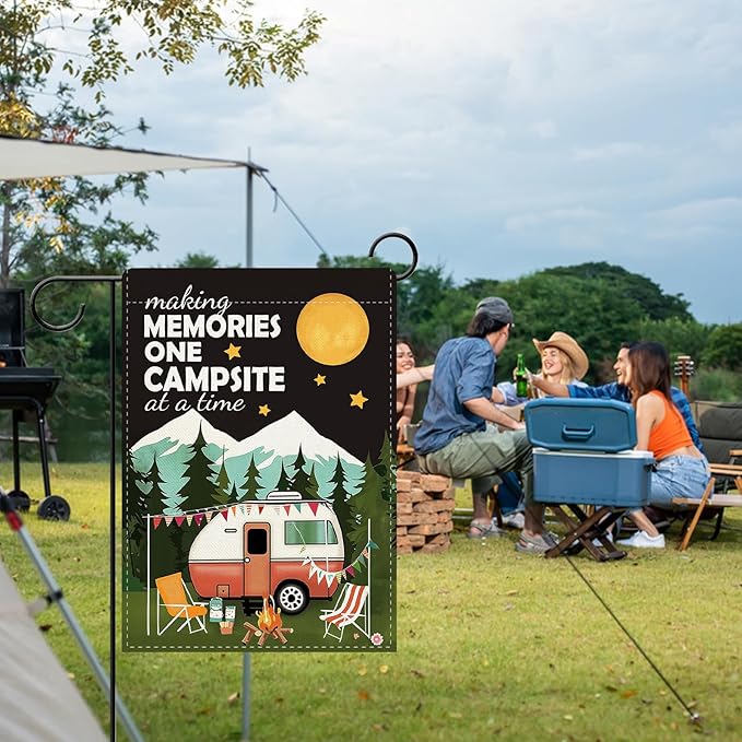 Dyrenson Camper RV Decorative Garden Flag, Making Memories One Campsite at a Time Camping Yard Outside Home Decoration, Campfire Firepit Burlap Outdoor Small Decor Double Sided 12 x 18