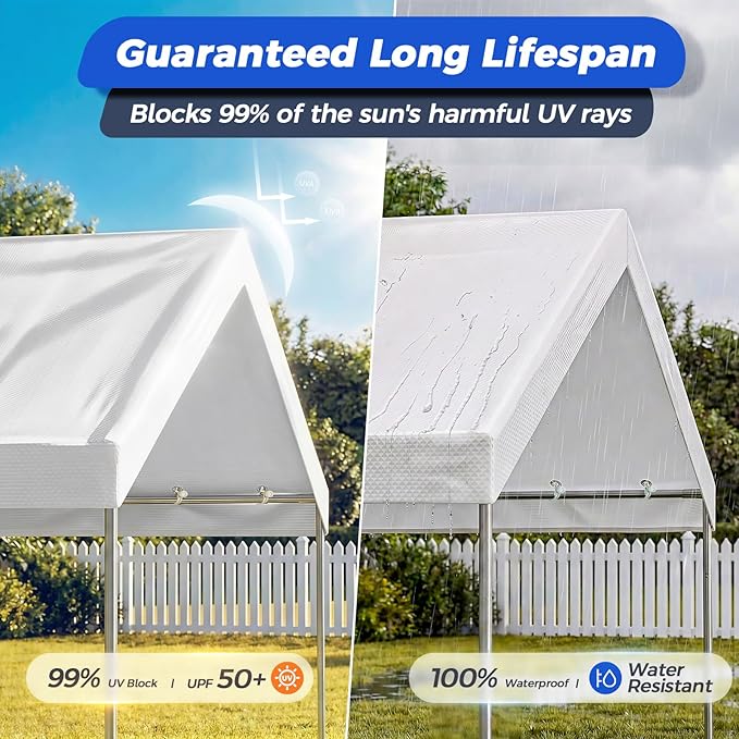 10x20 FT Carport Canopy Replacement Cover, Heavy Duty Car Garage Top Tent Shelter Tarp, Waterproof & UV Protected, Easy Installation with Ball Bungees, White (Frame Not Included)