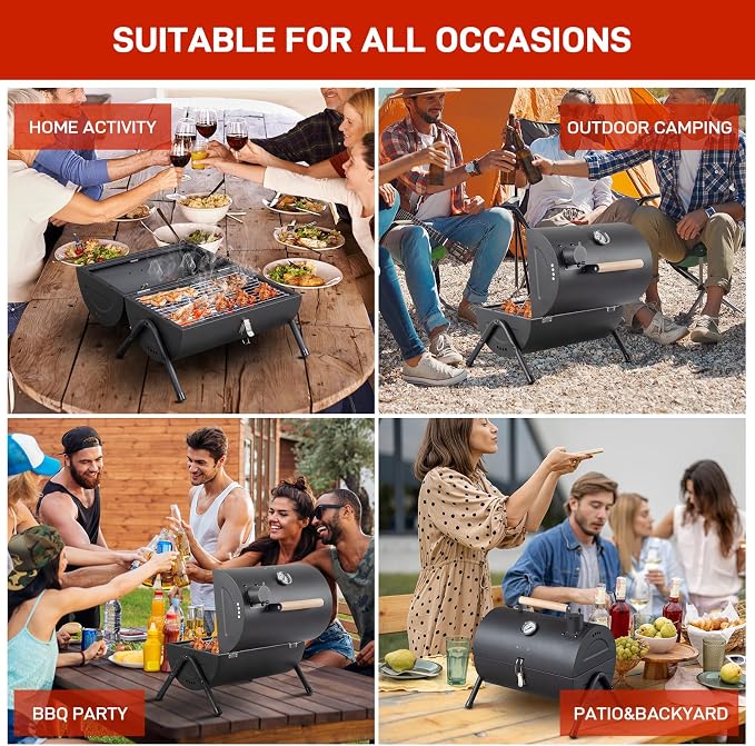 Outvita Portable Charcoal Grill, Tabletop Multi-functional Barbecue Smoker, Small BBQ Grill for Outdoor Cooking Camping Hiking Picnic Garden Beach Party