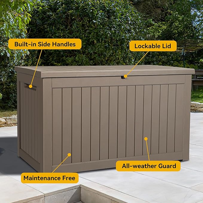 DWVO XXL 230 Gallon Deck Box, Extra Large Outdoor Storage Box for Gardening Tools, Patio Cushions, Waterproof and UV Resistant Resin (Light Brown)