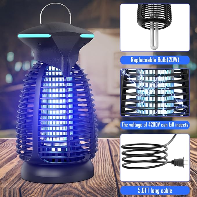 Electric Bug Zapper Outdoor - 4200V High Voltage Insect Killer Waterproof LED Light for Mosquito Fly Patio Porch Garage Backyard Home Indoor
