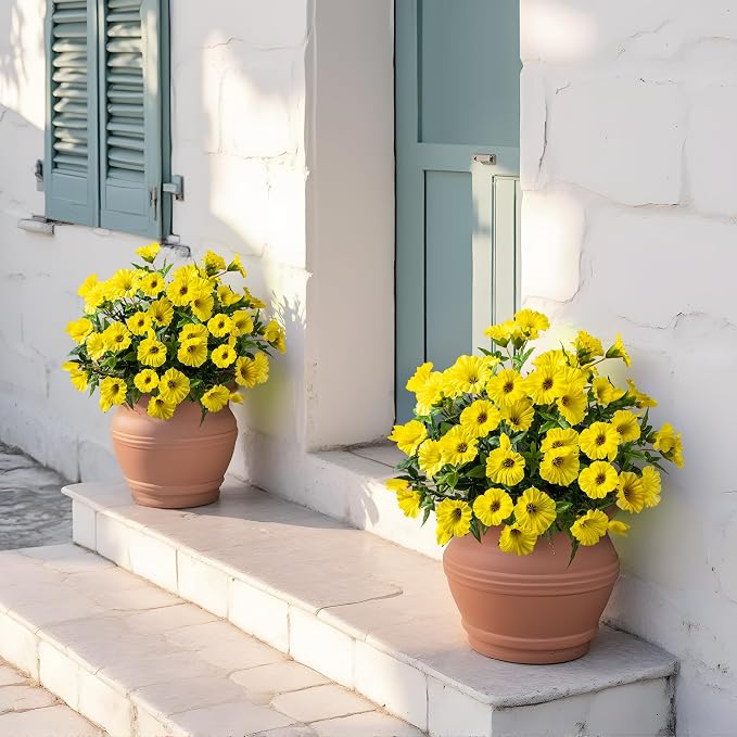Yellow Artificial Morning Glory Flowers for Outdoor Planters, Premium UV Resistant Silk Faux Flowers for Porch, Hanging Basket & Window Box, Spring Garden Decor, No Pot, 13.3 Inch, 4 Bundles