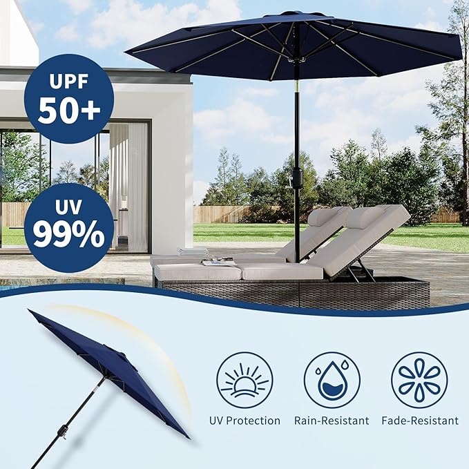Garvee 10 ft Patio Umbrella - 8 Sturdy Ribs Outdoor Table Umbrella with Crank Lift & Push Button Tilt - Market Umbrella for Pool, Deck, Yard, Garden - Navy Blue
