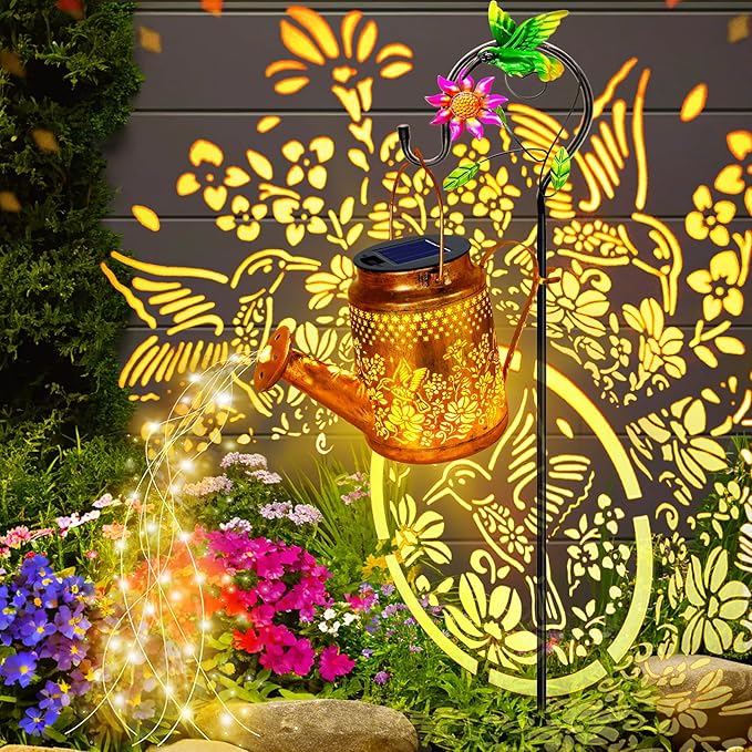 Solar Hummingbird Flowers Watering Can Lights, Gifts for Mom Grandma Women Wife Daughter Mother's Day, Waterproof Outdoor Garden Decor with Shepherd Hook, Hanging Lights for Yard Porch Backyard Patio