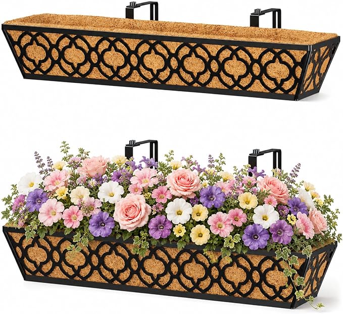 Y&M 30 Inch Railing Planter Boxes 2 Pcs 2-in-1 Heavy Duty Metal Window Box Planters with Coco Liners and Adjustable Hanging Brackets for Deck, Balcony, Patio, Porch and Garden