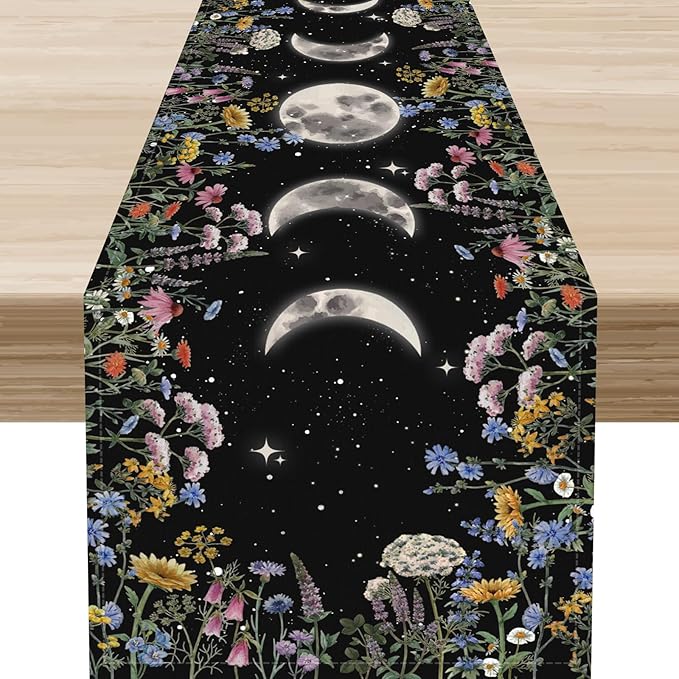 Floral Moon Table Runner, Boho Rustic Spring Flower Moon Phase Seasonal Garden Mystical Gothic Coffee Table Center Decor for Family Kitchen and Living Outdoor Farmhouse Table Decorations, 13"x72"