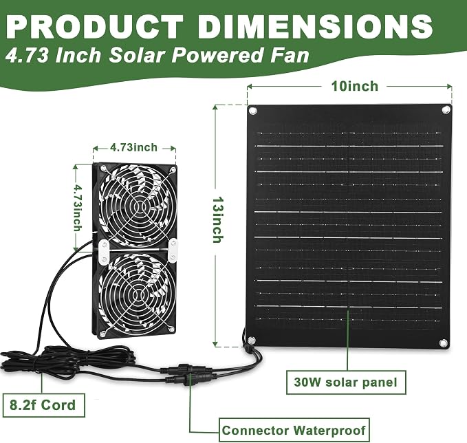 Solar Fan, 30W Solar Powered Fan, Solar Panel Fan Kit, IPX7 Waterproof Fans Exhaust Intake Mounting for Outside Greenhouse Shed Chicken Coop