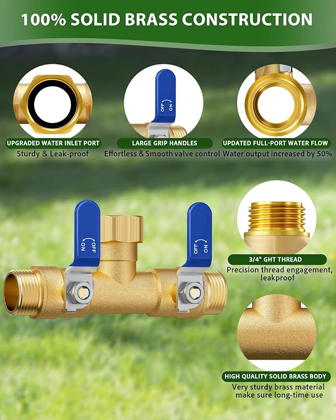 Hose Splitter 2 Way, Heavy Duty Brass Garden Hose Splitter | 0.59" Full Flow Ball Valve Outlet, Shut-Off Valve, 3/4" GHT Thread Water Hose Connector For Outdoor Spigot Faucet (Blue)