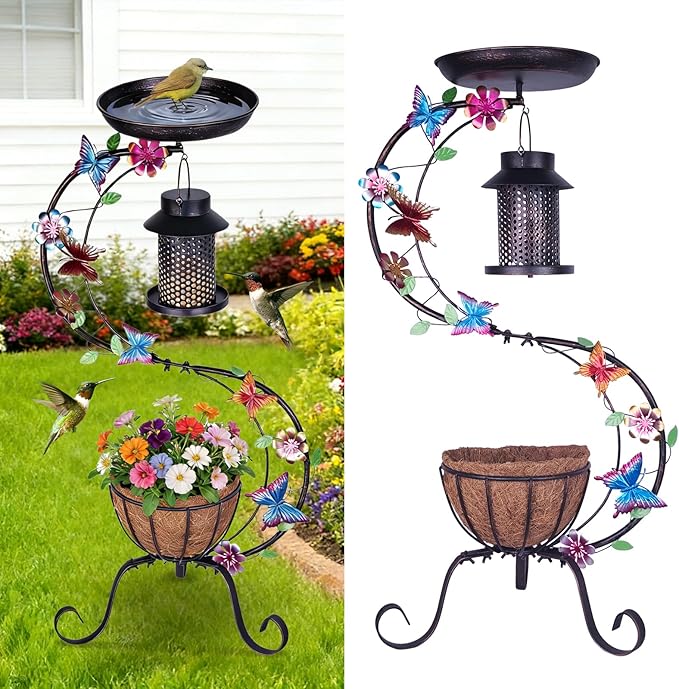 hogardeck 3-in-1 Vintage Bird Bath & Detachable Hanging Bird Feeder with Flower Planter, Metal Heavy Duty Outdoor Birdbath, Weather Resistant Decor for Garden Yard Lawn