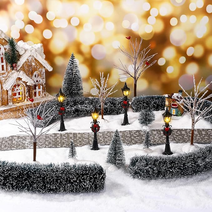 Hotop 18pc Christmas Village Accessories 47.2 Inch Village Roads Mini Snowy Trees Streets Light Lamppost Hedge Figurines Set for Display Winter Holiday Decorations DIY Crafts No Batteries(Joyous)