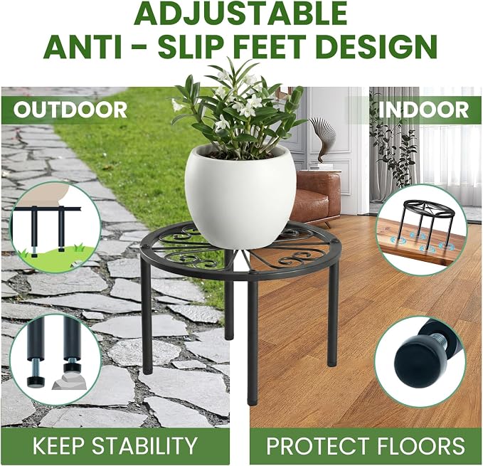 TOSKING Heavy Duty Metal Plant Stand – 120 lbs Capacity, 10.2" Classic Scroll Pattern Round Stand for Medium to Large Pots, 4 Adjustable Feet & Rustproof, Indoor/Outdoor, Black (10.2" D x 7.9" H)