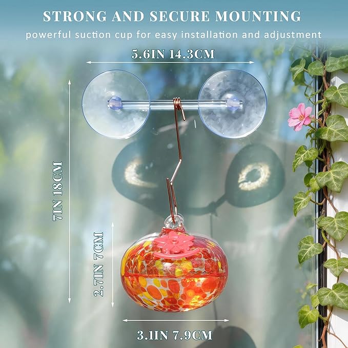 QFkris Blown Glass Hummingbird Feeder with Suction Cups for Window, Small Hummingbird Feeder with Flower Feeding Ports for Outside Garden Backyard Decor, Gifts for Women Mom(Orange)