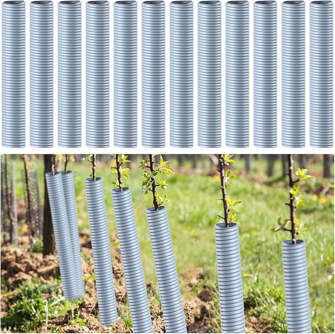 Nuenen 12 Pcs Corrugated Tree Guards, Long 15.75 Inch Diameter 1.96 Inch Pp Tree Trunk Protectors, Tree Bark Protector Tube Wraps for Saplings Plants Seedlings Deer Rabbit Cats Rodents Mowers (Gray)