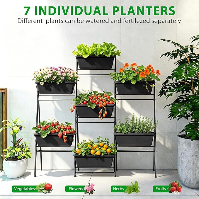 Raised Garden Bed Tiered Vertical Garden Planters Outdoor 7 Planter Boxes with Legs Indoor Elevated Herbs Flowers Vegetables Garden Box for Backyard Patio Balcony, Black