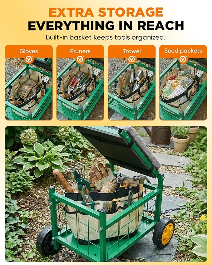 Saker Rolling Work Seat with Wheels - 15.7'' EVA Padded Stool, 400 lb Steel Frame, Large Storage Basket - Patio Lawn Backyard Cart for Gardening Tasks (Luxury Version)