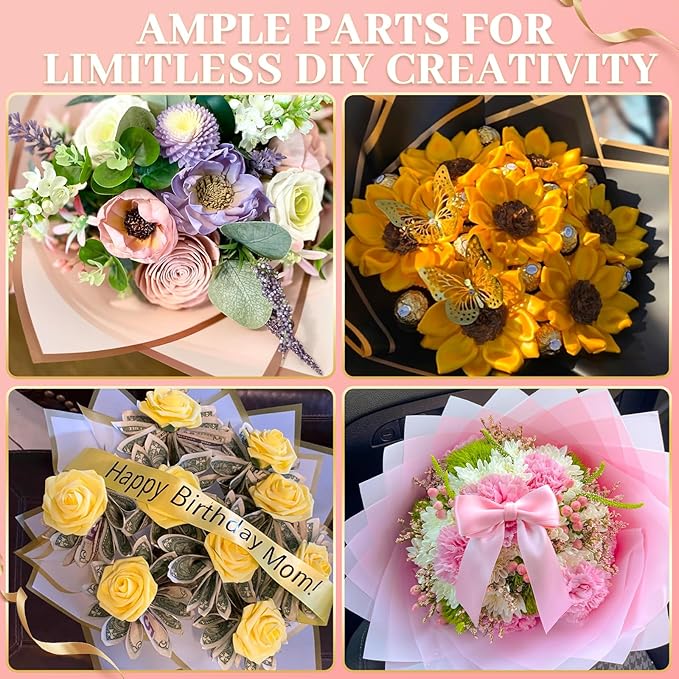 260Pcs Flower Bouquet Wrapping Paper Kit, 60 Sheets Black Waterproof Paper, 36 Butterflies, 8 Crowns, 1 Headband, 4 Ribbons, 15 Cards, 100 Diamond Pins, 30 Floral Wire, 3 Stickers, 3 Tapes (Black)
