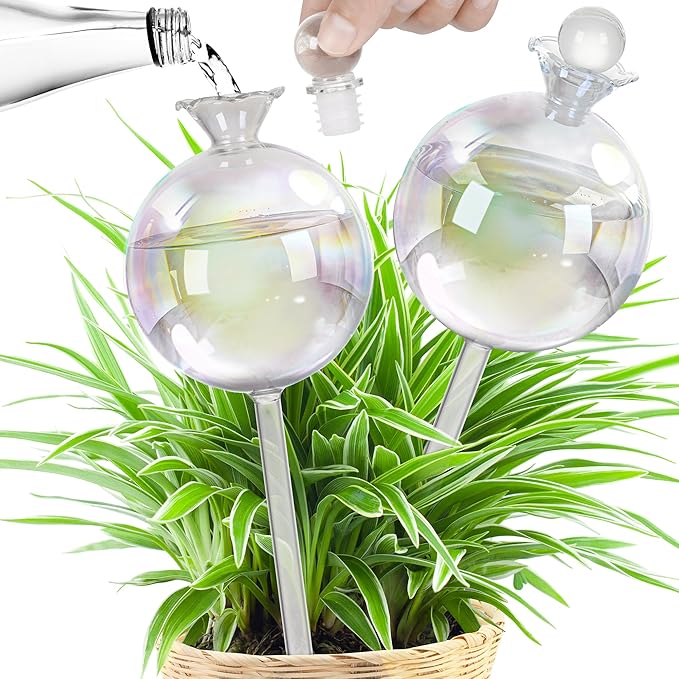 17 oz 2 Weeks Extra Large Plant Watering Globes, Iridescent Glass Self Watering Globes, Self Watering Planter Insert, Plant Watering Devices, Automatic Watering Bulbs for Daily Use (Large 2-Pack)