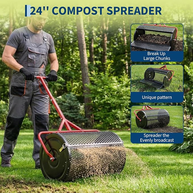 Compost Spreader, 24 Inch Peat Moss Spreader with Handle, 3 Heights Adjustable, Powder Coated Metal Mesh Top Dressing Spreader for Lawn, Planting Seeding