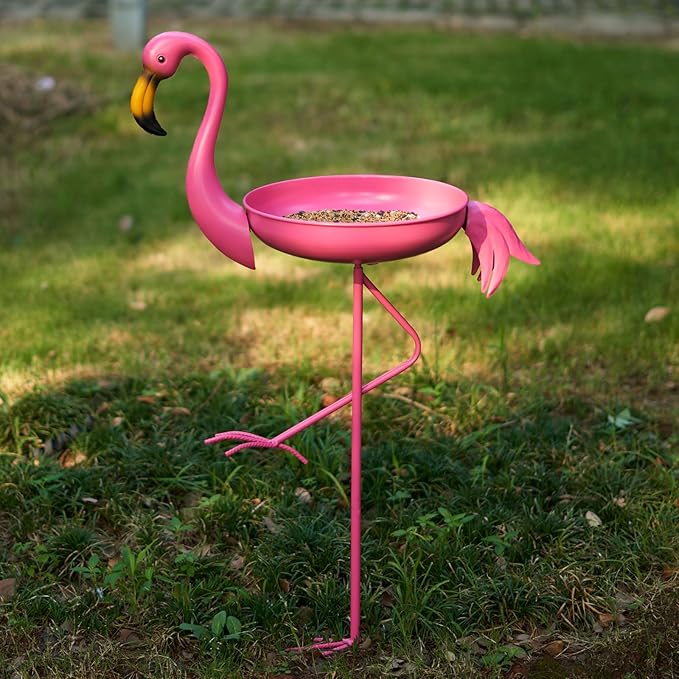 41 in Tall Flamingo Outdoor Bird Bath, Metal Bird Bath Bowl, Bird Feeder or Drinker Plate with Metal Stake, Home Garden Lawn Yard Decorations (Pink)